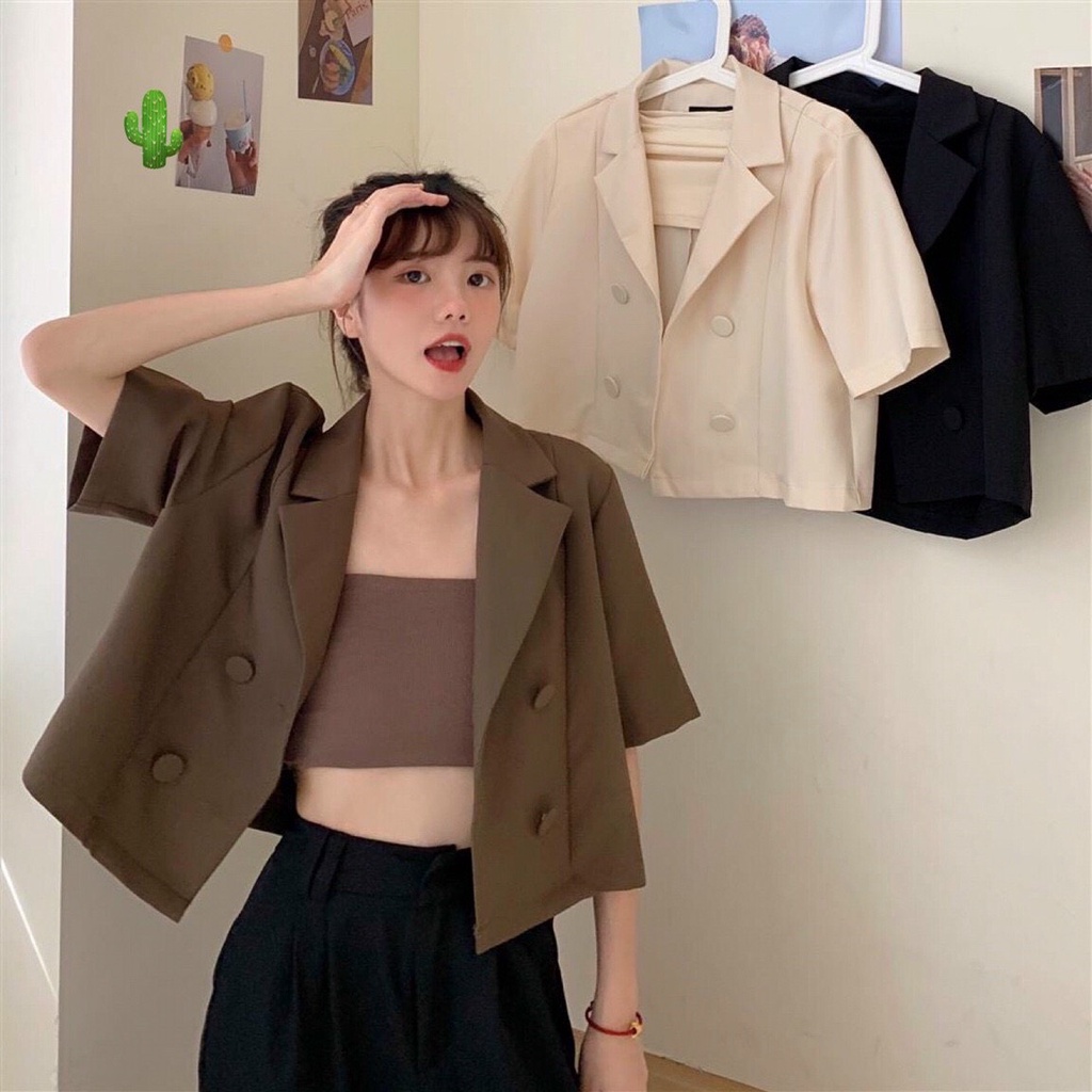 sét áo vest ngắn tay + áo ống croptop