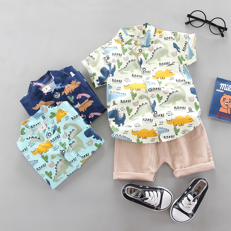 Set áo sơ mi tay ngắn in hình khủng long và quần short dễ thương cho bé trai