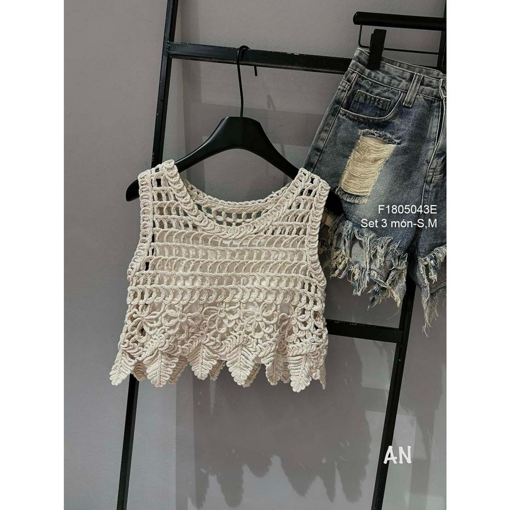 Set 3 món áo lưới ren sát nách áo lót 2 dây phối quần jean tua rua
