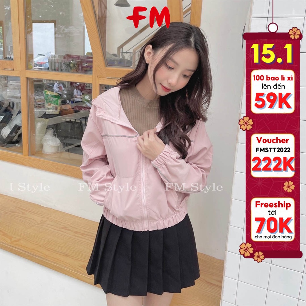 Áo khoác dù nữ FM Style chống nắng dáng lửng 1 lớp siêu nhẹ thiết kế sọc ngang họa tiết trơn phối mũ năng động 210701109