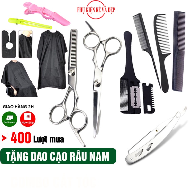 Combo 10 món - Bộ Kéo cắt tóc và tỉa tóc + 3 lược + Áo choàng + Dao cạo + Lược tỉa tóc + 2 Kẹp tóc