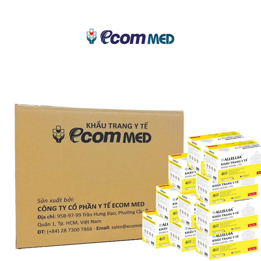 Thùng 12 Hộp Khẩu Trang y tế Công Giáo Alleluia EcomMed 4 Lớp (Hộp 50 cái) Thông Thoáng Không Đau Tai