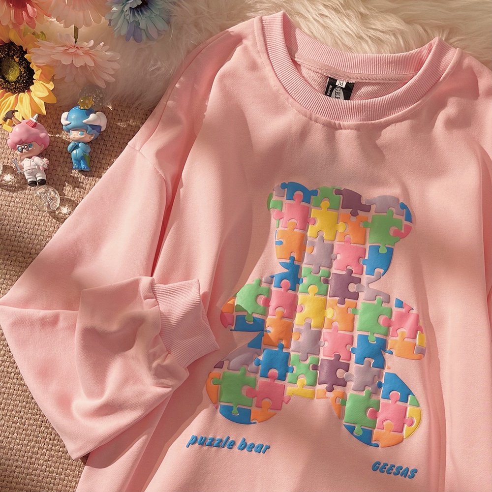 Áo Sweater Cổ Tròn Tay Dài Dáng Rộng In Hình Gấu Dễ Thương Thời Trang Thu Đông Cho Nữ