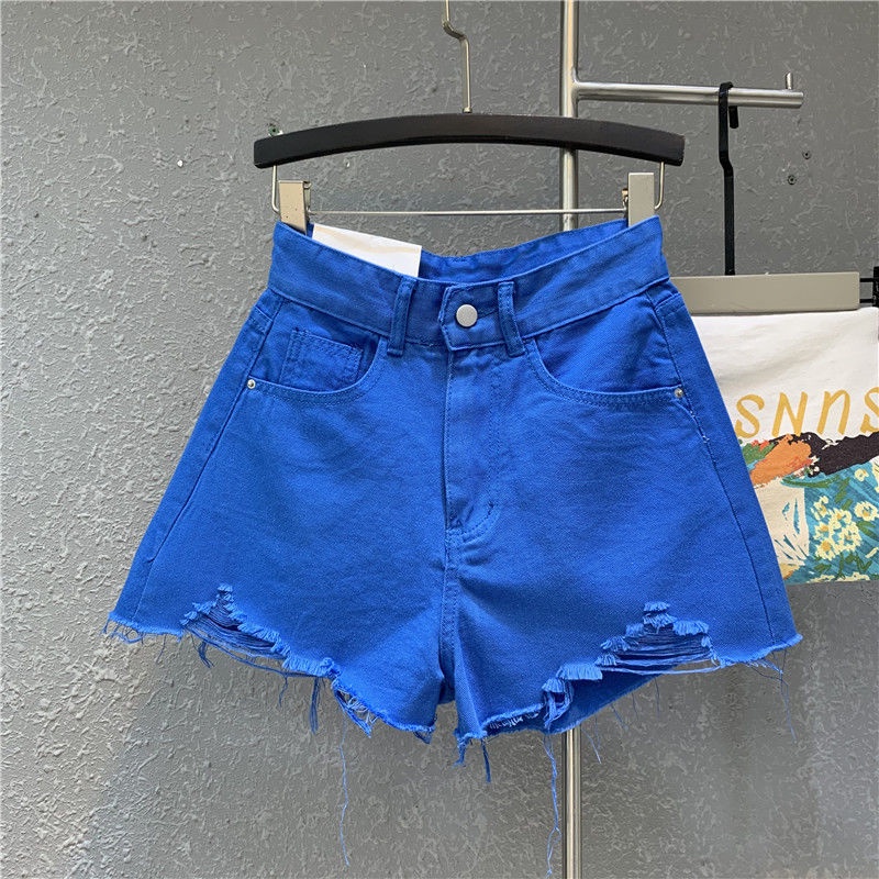 Quần Short Denim Đục Lỗ Lưng Cao Màu Xanh Lá Cây
