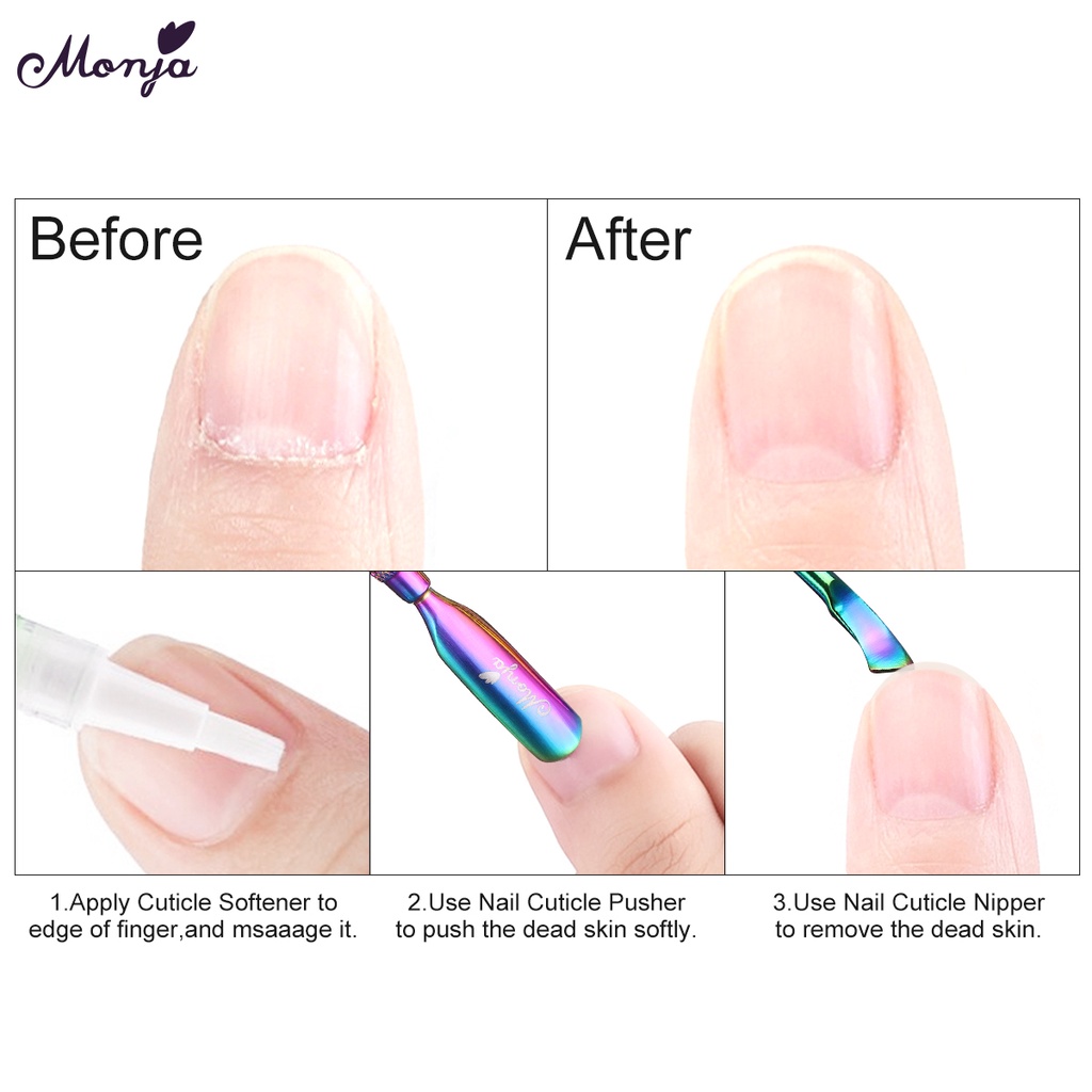 Monja 4 Style Nail Art Dual End Plating Stainless Steel Cuticle Pusher Spoon Dead Skin Removal Manicure Tool
