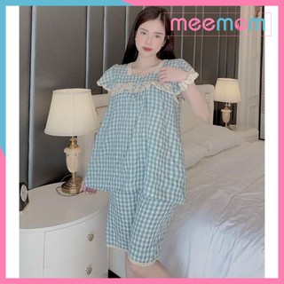 Đồ bộ bầu mặc nhà đẹp đồ bộ sau sinh cho bé ti quần lửng kẻ phối ren ngực chất đũi xốp thời trang nữ DB19