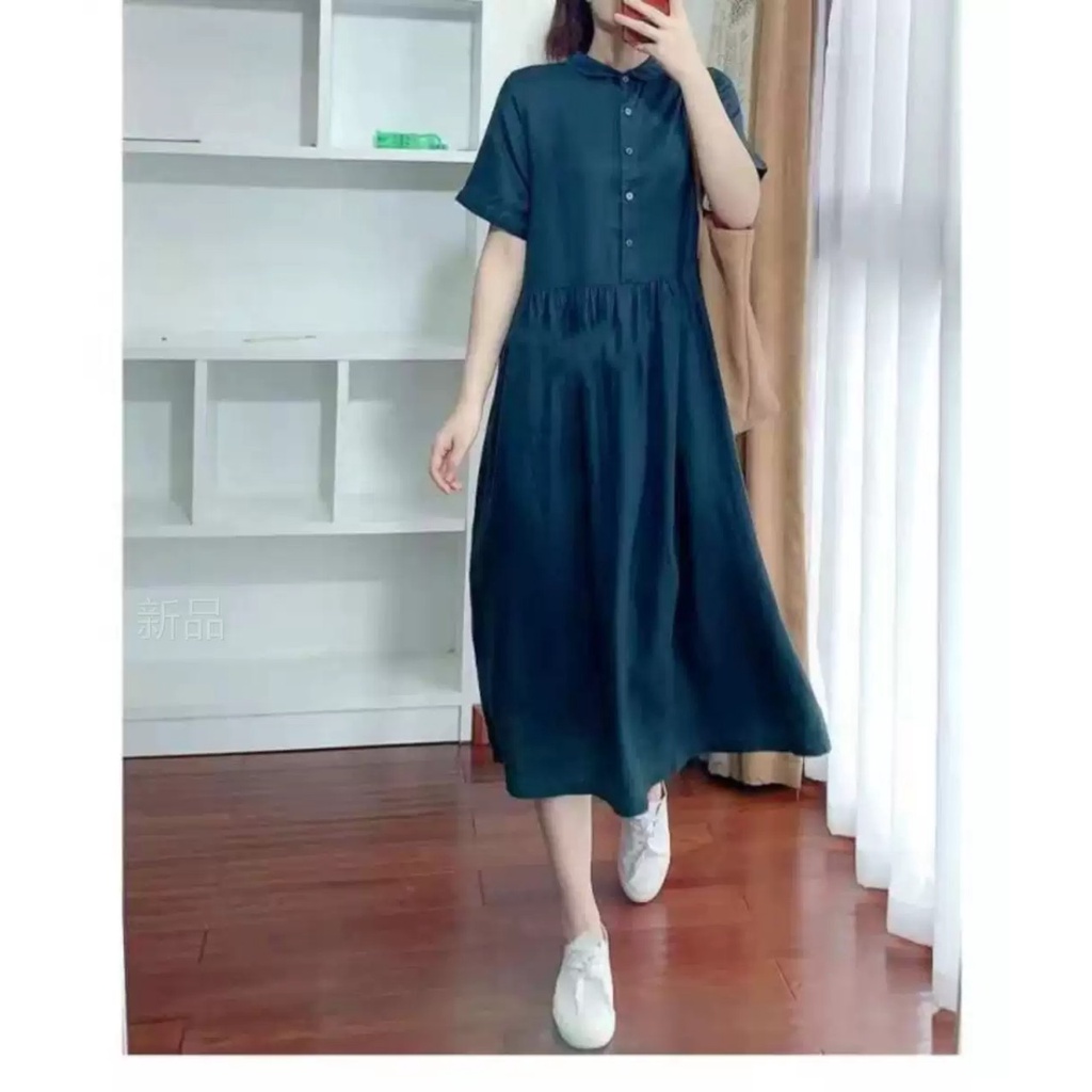 Đầm dáng xòe nữ thiết kế cổ sơ mi nhún eo,ngắn tay,kiểu dáng thanh lịch