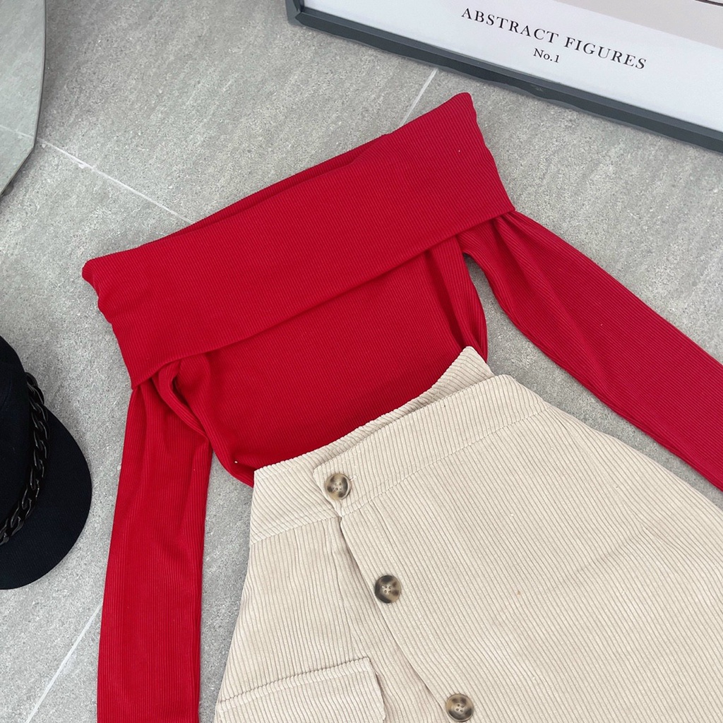 Set áo len đỏ bẹt vai chân váy chéo nút
