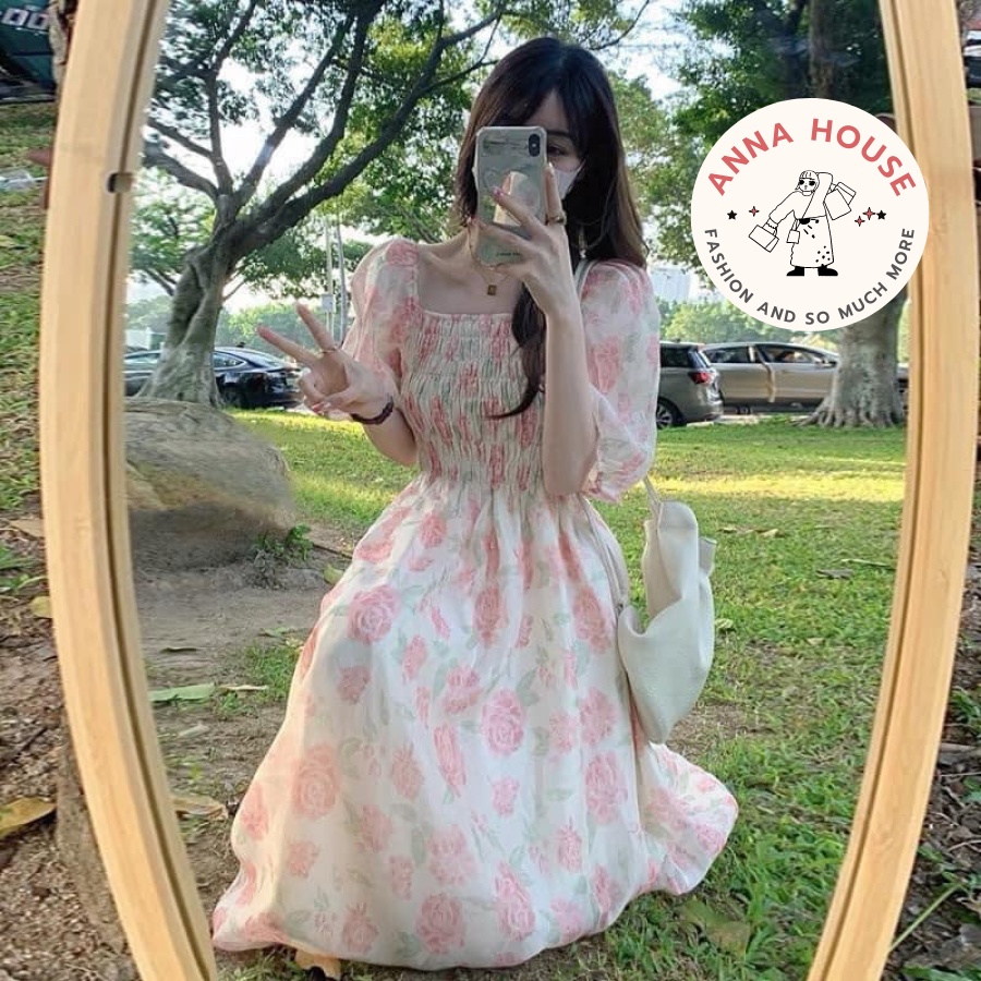 Đầm maxi hoa đi biển dáng xòe dài tay ngắn, váy hoa hồng dáng dài 2 lớp mặc 2 kiểu trễ vai, cổ vuông chun ngực dự tiệc