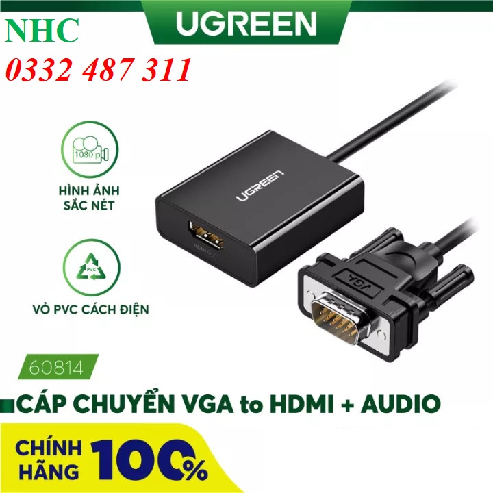 Cáp chuyển VGA to HDMI tích hợp Audio Ugreen 60814 hỗ trợ Full HD - Hàng chính hãng