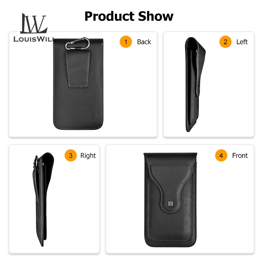 Túi đựng điện thoại LOUISWILL bằng da PU 2 ngăn gắn thắt lưng cho nam 6.5 inch