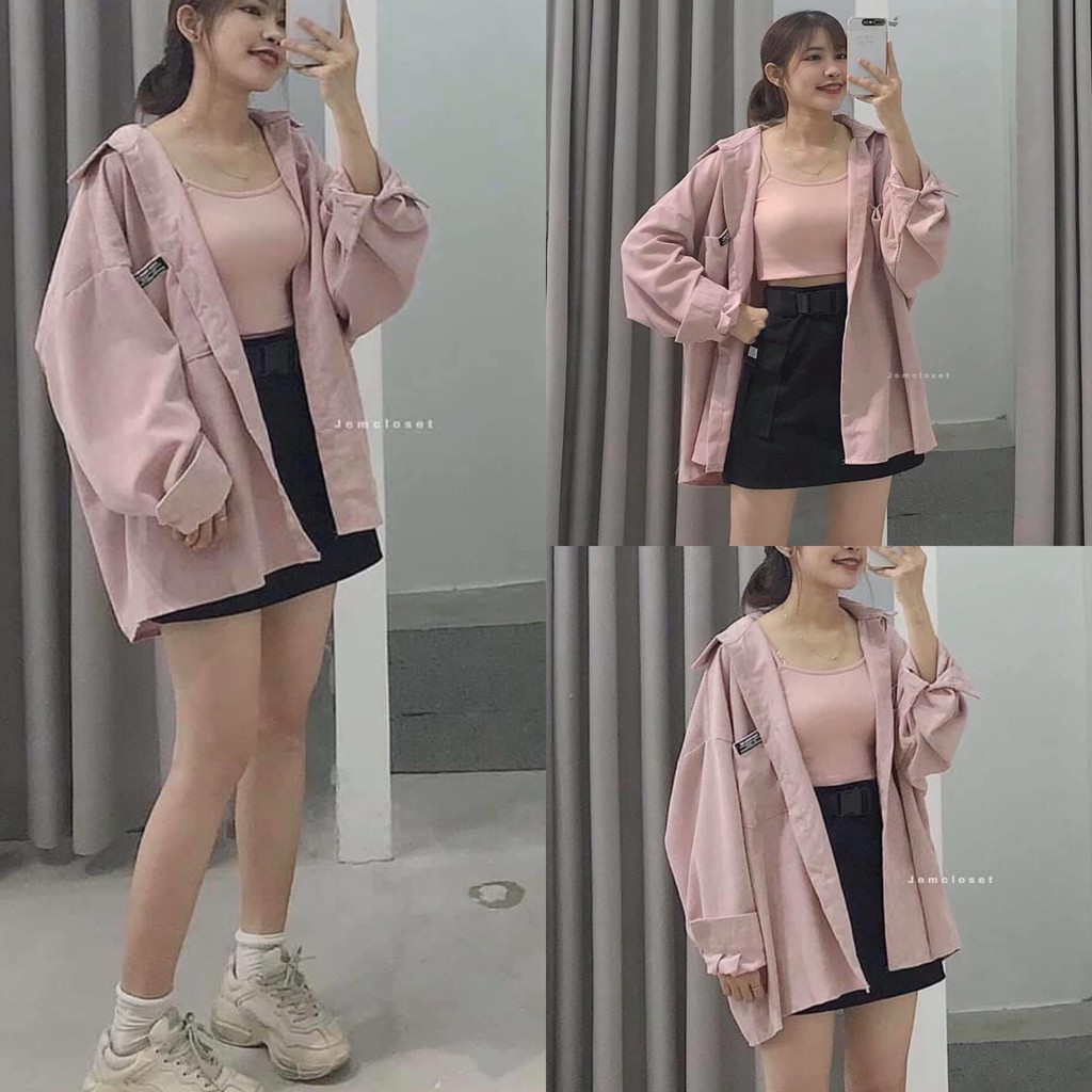 SET ĐỒ gồm áo sơmi nhung gân và hai dây mặc được nhiều kiểu form chuẩn style ullzang tone màu dịu dàng