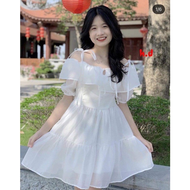 Váy bánh bèo nơ buộc vai cổ v HD6