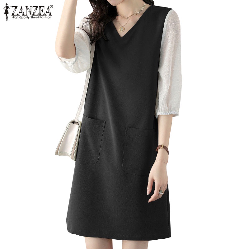 Đầm Zanzea tay lửng cổ chữ V dáng rộng sành điệu cho nữ