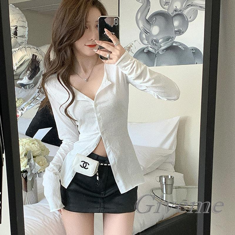 Áo Sơ Mi Nữ Tay Dài Cổ Chữ V Màu Sắc Thanh Lịch