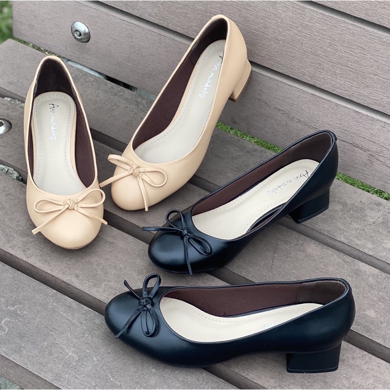 Giày cao gót 3 phân mũi tròn kiểu dáng búp bê  gót vuông phối nơ chuông nhí kiểu dáng basic _A893NC