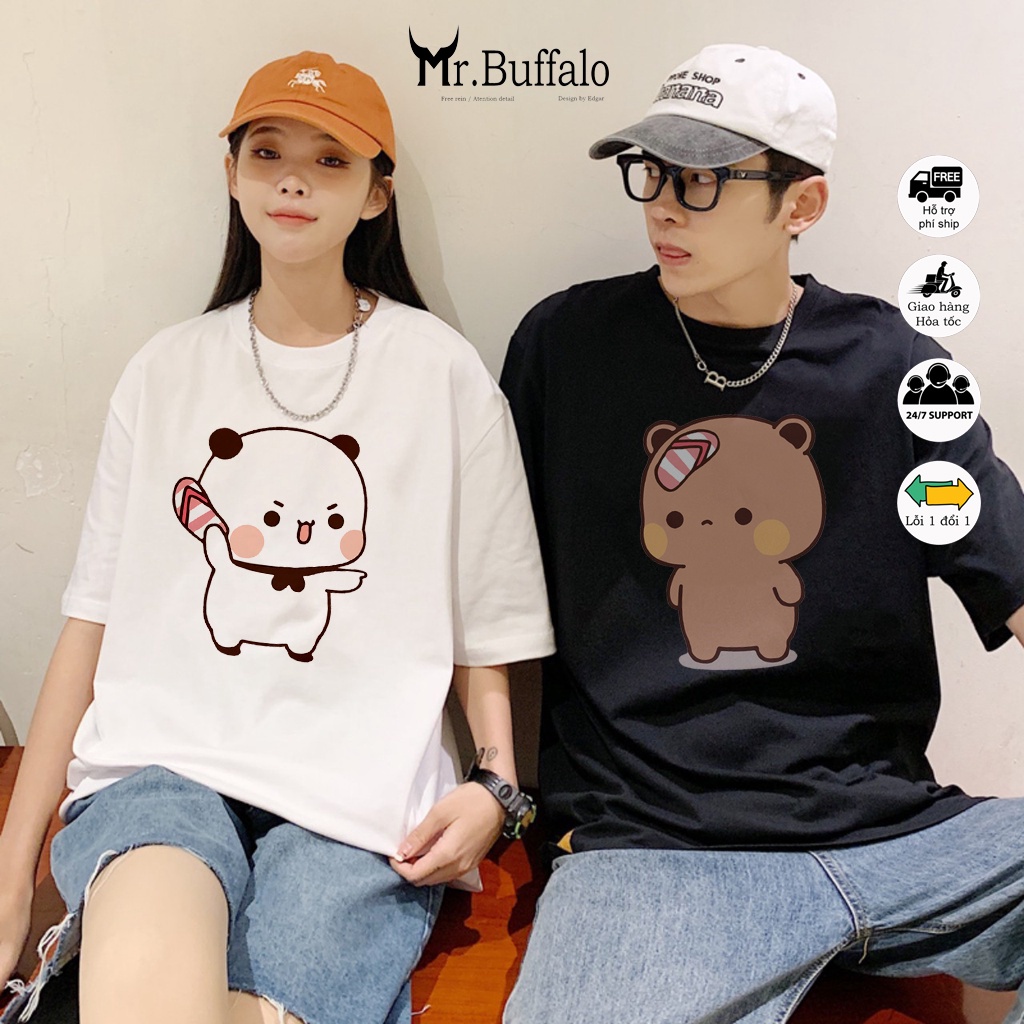 Áo đôi , áo thun cặp nam nữ tay lỡ Unisex Gấu form rộng vải cotton T64T65- Mr.Buffalo