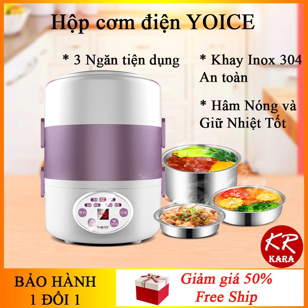 (Chính hãng YOICE) Hộp cơm cắm điện YOICE KR 312- Khay inox 304, 3 tầng nhỏ gọn, Hâm nóng và giữ nhiệt- KARA 312