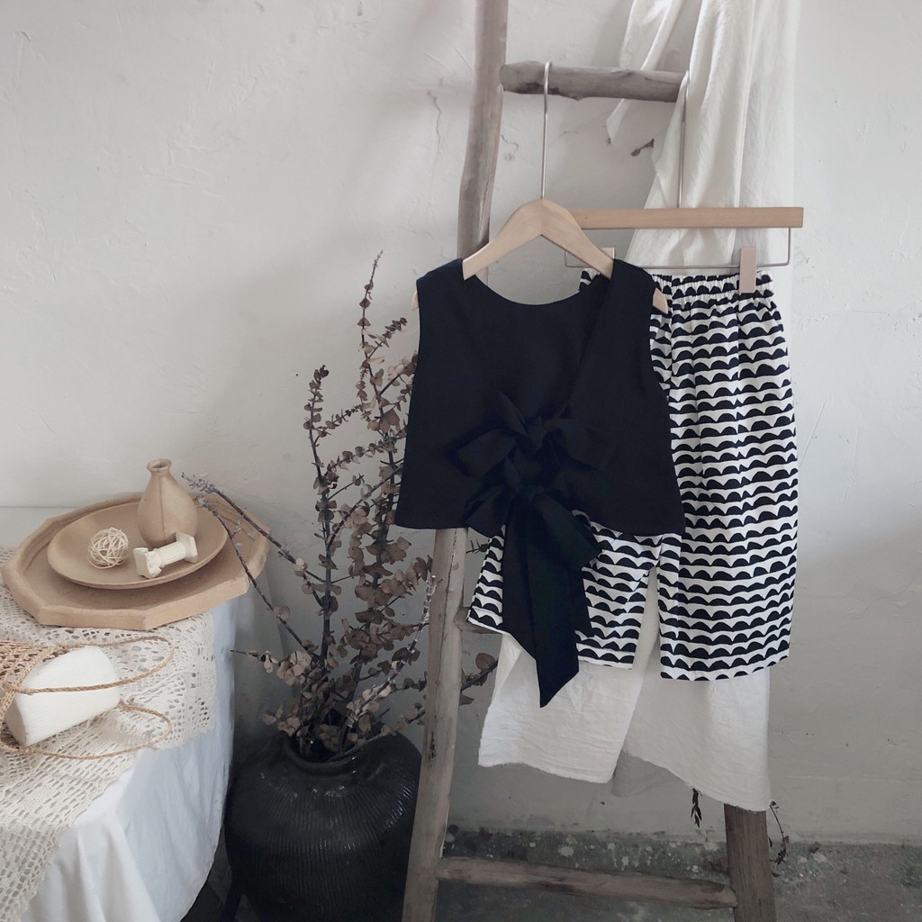 Sét ba Lỗ phối nơ + quần ống rộng thiết kế đáng yêu cho trẻ em gái