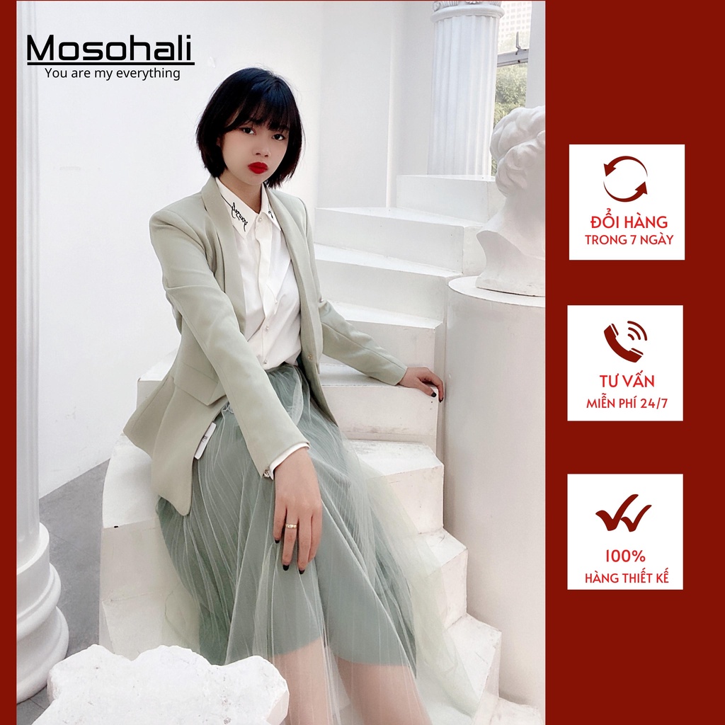 Áo blazer nữ xanh mint Mosohali dáng ôm áo vest 1 khuy cài cùng chân váy dáng dài thiết kế thời trang công sở
