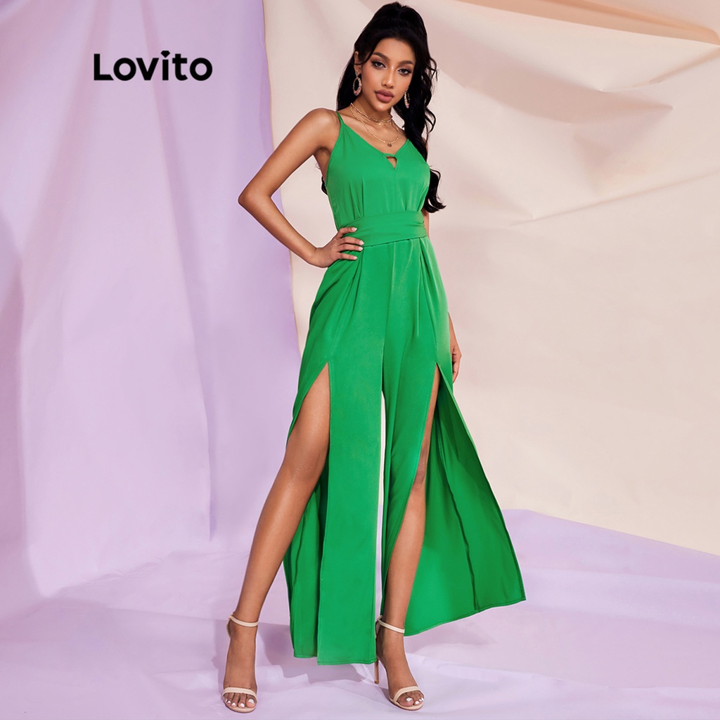 Lovito STIPPLING WORLDBộ áo liền quần cut out không đối xứng hở lưng thắt lưng L28LE057 (Xanh)