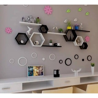 Bộ Kệ Gỗ Trang Trí Treo Tường 6 Hình Lục Giác 4 Thanh Ngang Như Hình