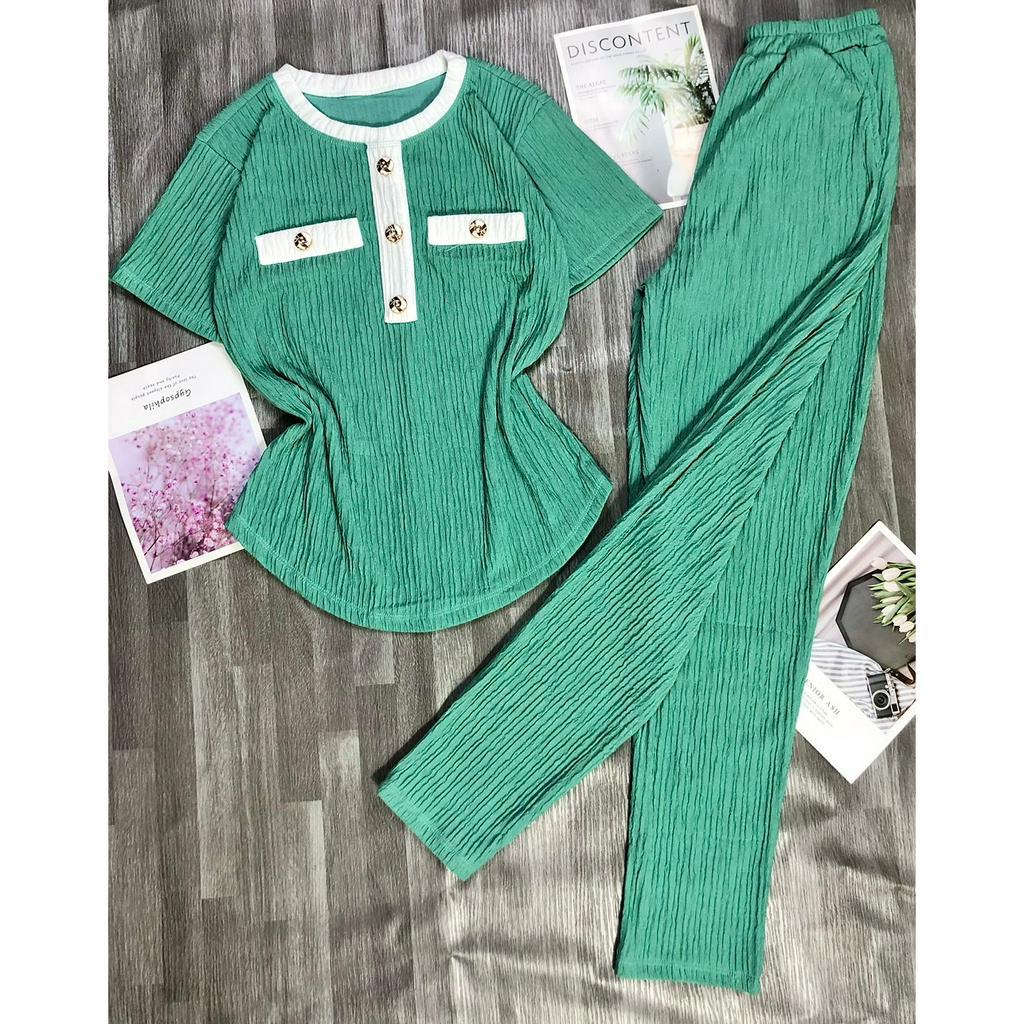 Sét đồ bộ nữ chất liệu xốp nhật cao cấp sét nữ áo tay ngắn phối quần dài Sét bộ đồ phối viền đính nút sang chảnh