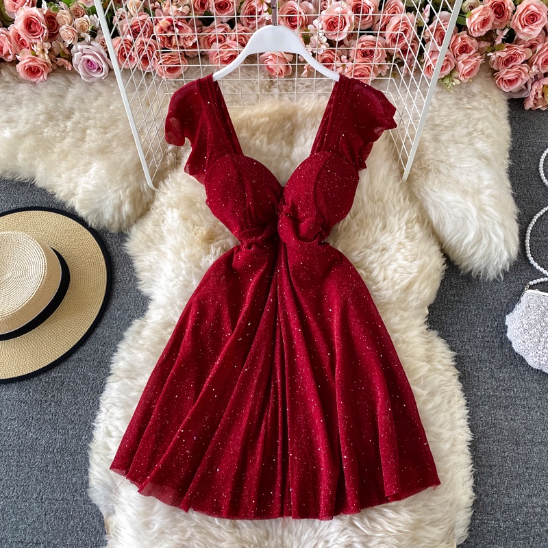 🌸Hàng Order🌸 Váy Đầm Dáng Xòe Tay Cánh Tiên Lấp Lánh Tiệc Cưới Trẻ Trung Nữ Tính 🌸Hàng Quảng Châu