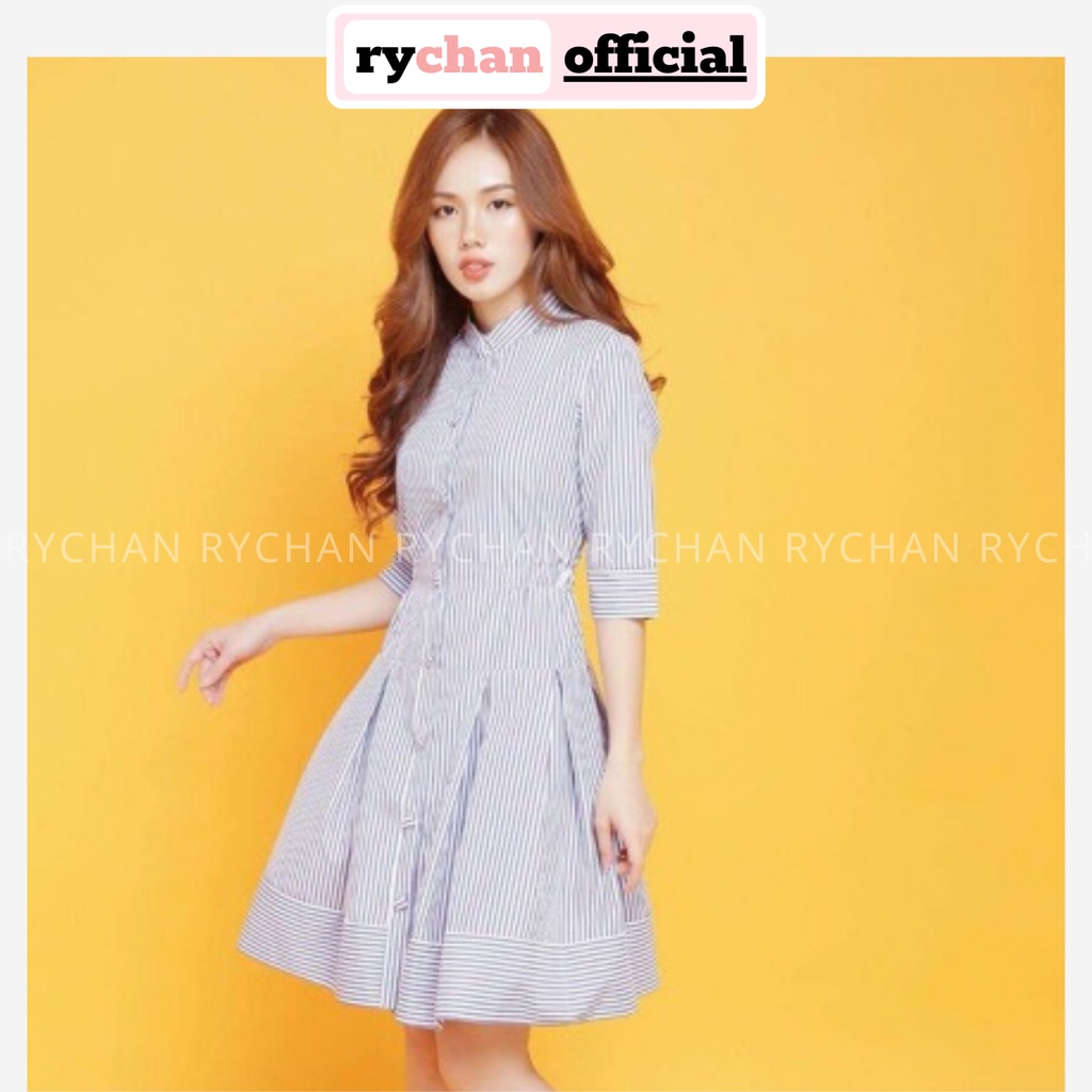 Đầm Váy Nữ Đi Chơi Họa Tiết Sọc Xanh Nút Bọc Đuôi Xếp Li Tay Dài [ẢNH THẬT CUỐI] - DX9889