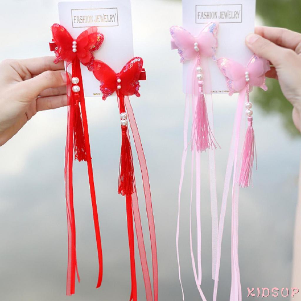 Kẹp tóc hình bươm bướm đính hạt phối tua rua dễ thương cho bé