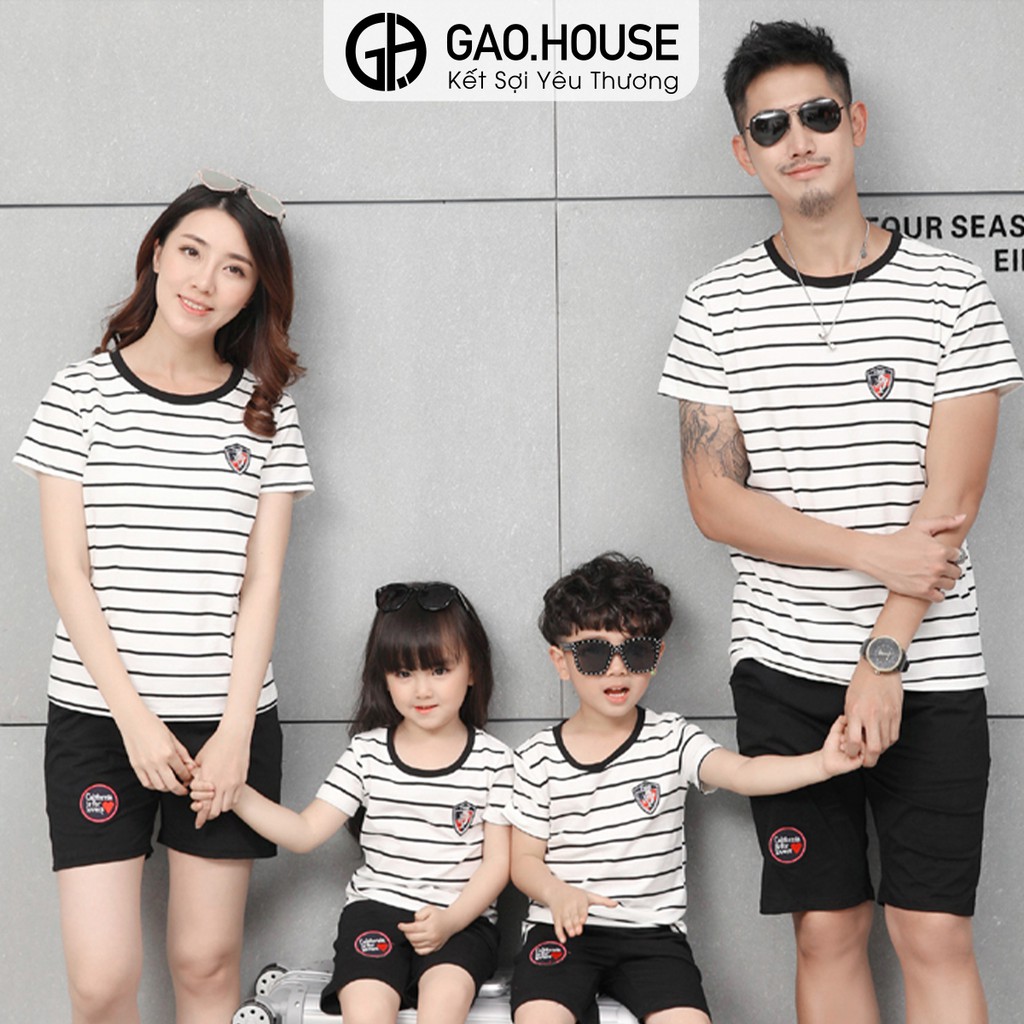 Áo gia đình logo độc đáo Gạo House cotton 4 chiều cổ tròn kẻ ngang đen trắng