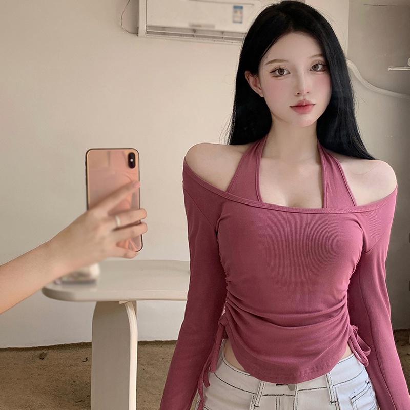 Set Áo Hai Dây + Áo Thun Tay Dài Màu Sắc Đơn Giản Phong Cách Retro Dành Cho Nữ