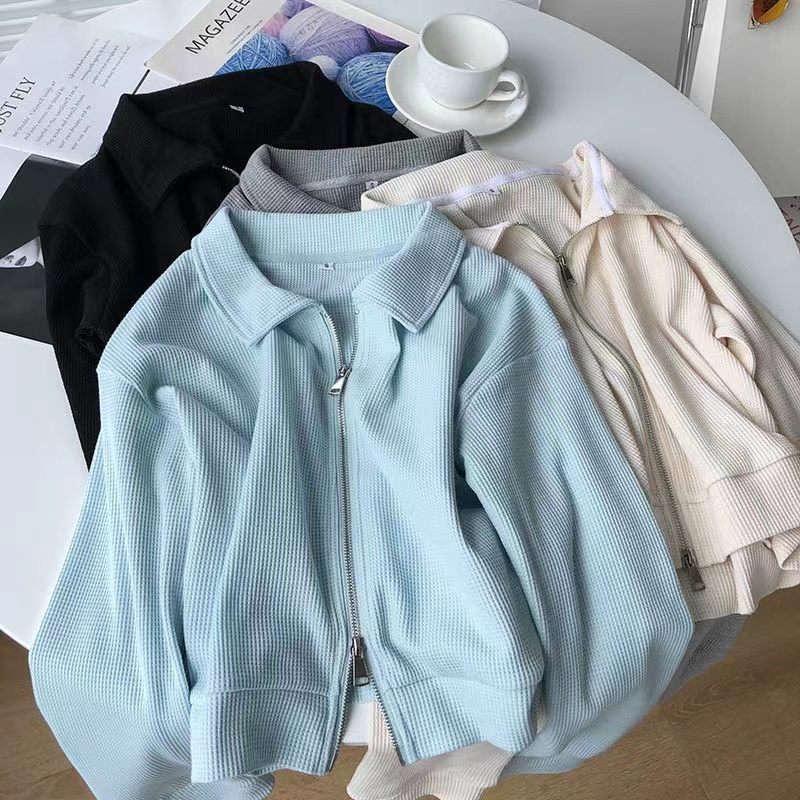 Hàng Có Sẵn Áo Khoác Cardigan Ngắn Rộng Bằng Cotton Có Khóa Kéo Đôi Phong Cách Hàn Quốc Mới