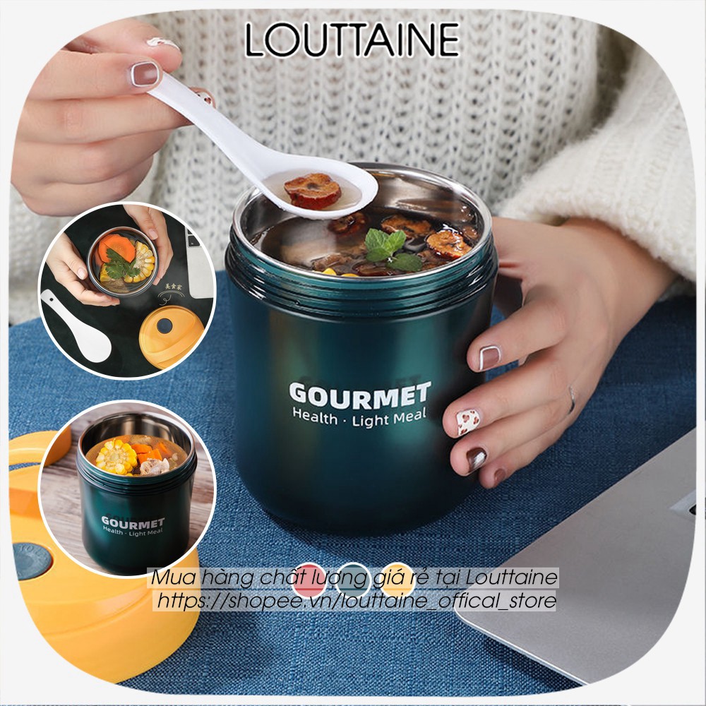 Bình ủ cháo cho bé GOURMET inox, 2 lớp, dung tích 500ml kèm muỗng, Hộp đựng thức ăn đựng cơm văn phòng tiện lợi