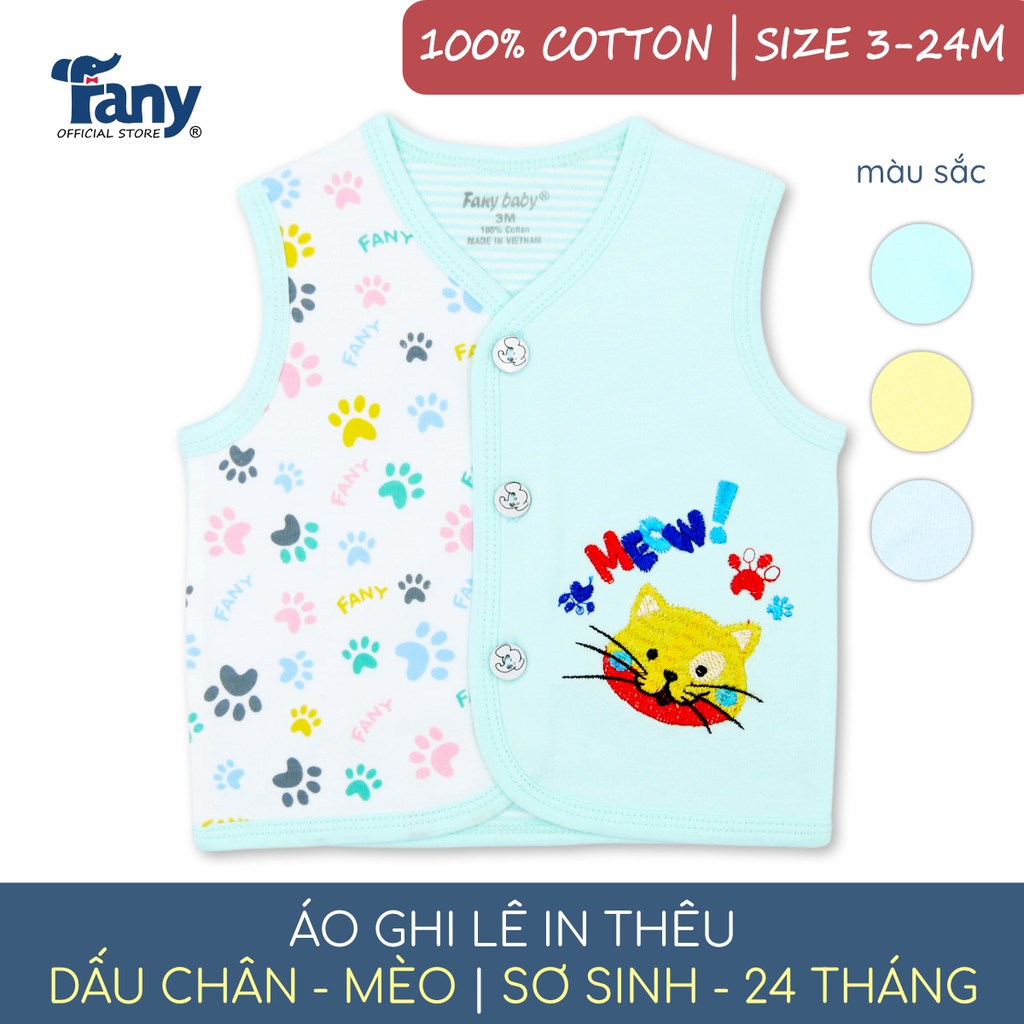 Áo ghi lê in thêu Fany® họa tiết dấu chân-mèo size 3M-24M cho trẻ 0-24 tháng 100% cotton mềm mại điều hòa thân nhiệt tốt