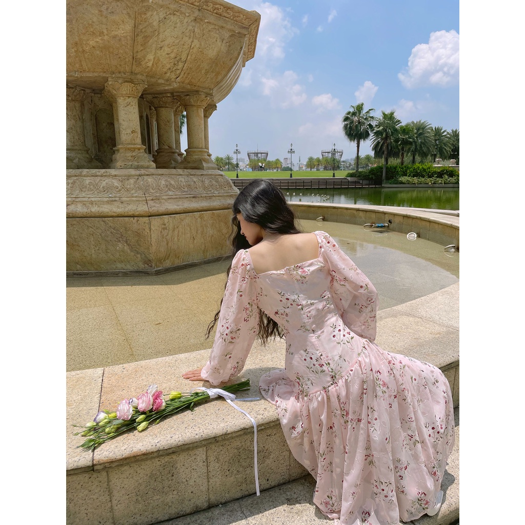 Sanrosie - Váy đầm dài xoè Olivia Dress vải voan hoa hồng pastel