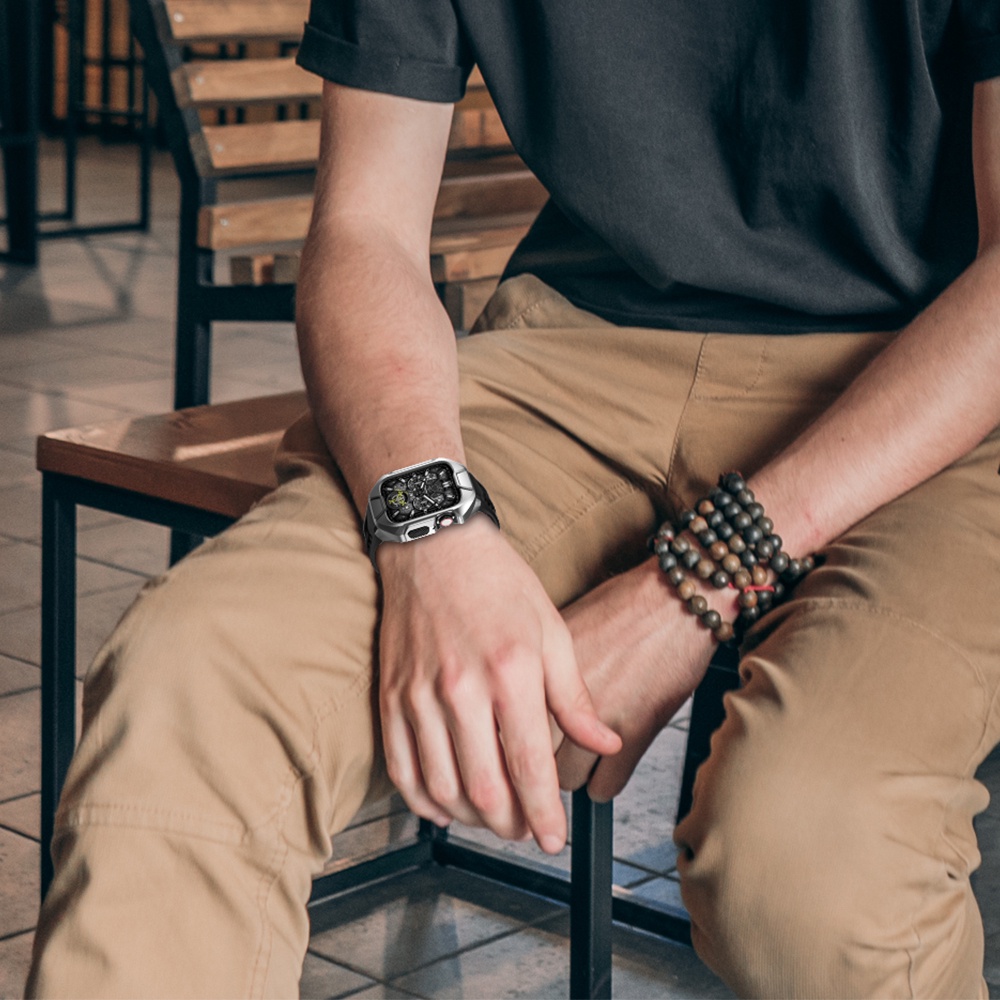 Dây Đeo Cao Su Phối Kim Loại Sang Trọng Dành Cho Apple Watch Series Ultra 8 7 45Mm iwatch SE 6 5 4 44Mm