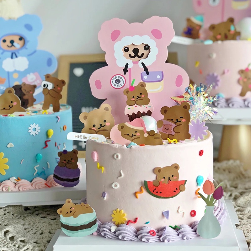 Set 16 Miếng Dán Trang Trí Bánh Kem Hình Gấu Và Bong Bóng Dễ Thương