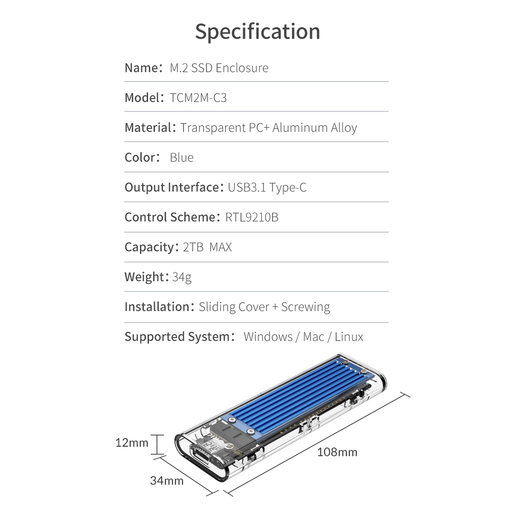 Box ổ cứng SSD M2 NVMe/SATA Orico TCM2M-C3 | Chuyển SSD M.2 PCIe/NGFF to USB Type-C làm ổ cứng di động | TCM2 TCM2F