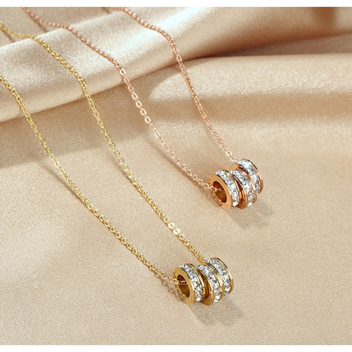 Dây chuyền titan nữ 3 khoanh tròn đính đá vuồng siêu đẹp, bền màu, chuẩn thời trang