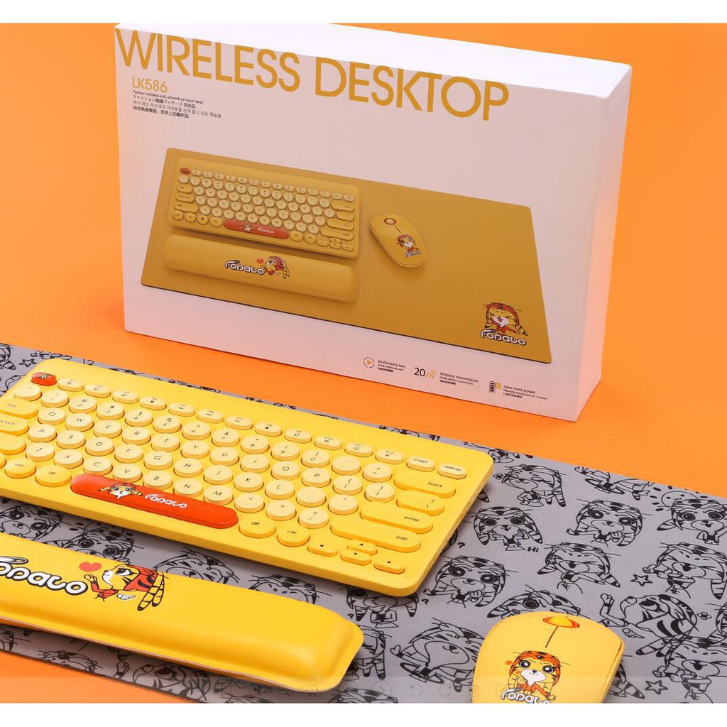 Bộ 4 sản phẩm bàn phím chuột mousepad tay đệm không dây wireless FD LK586 (Vàng)