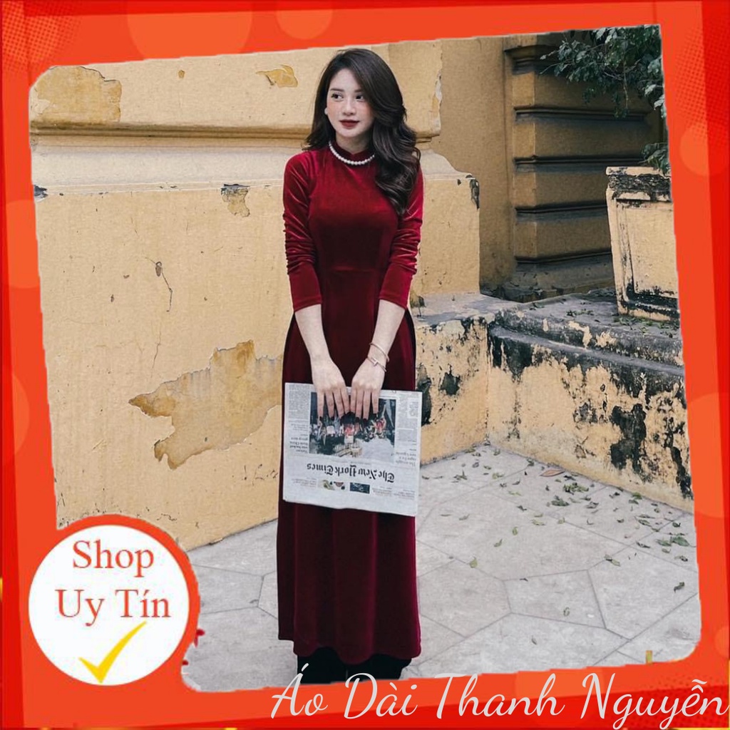 Áo Dài Nhung Trẻ Màu Đỏ Đô Thời Trang , Áo Dài Nhung Sang Chảnh Chất Nhung 7 Biên Cao Cấp