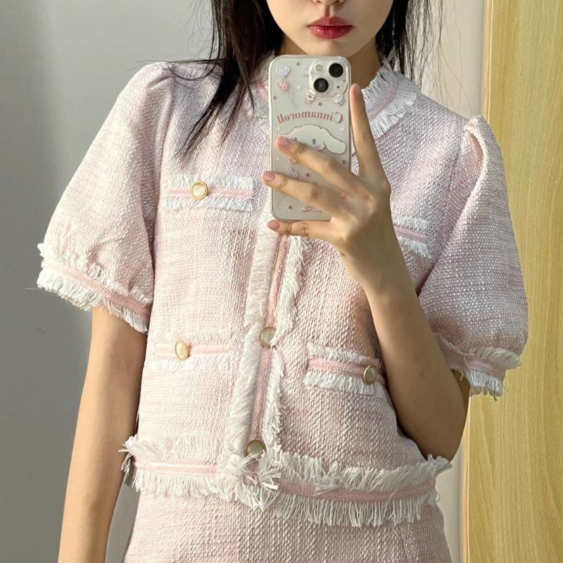 Set đầm hồng dạ gai vải tweet, hàng loại 1 của CHIC CLUB