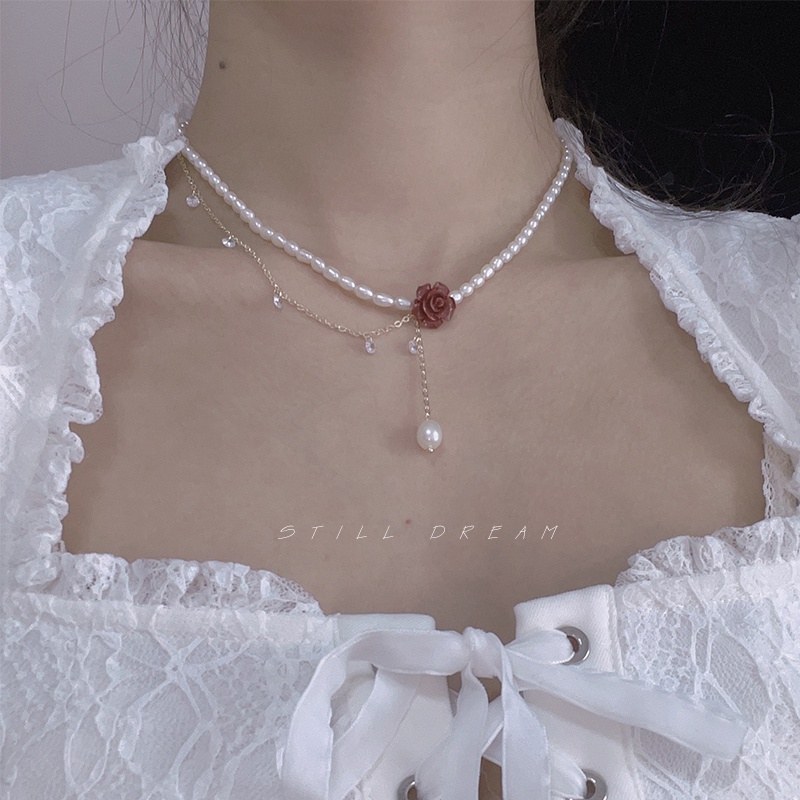 Vòng cổ Đính Ngọc Trai Và Hoa Hồng Chất Lượng Cao Thời Trang