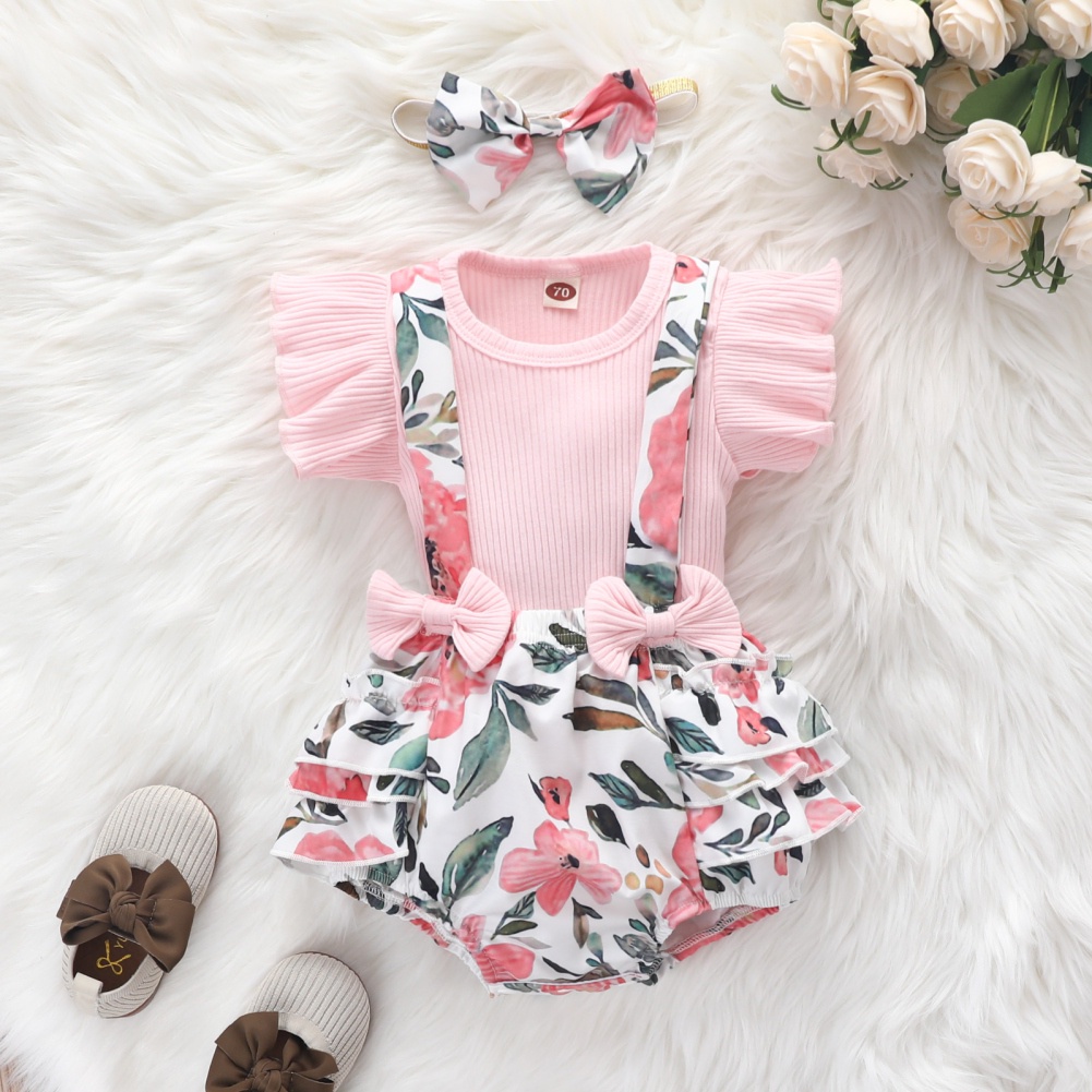 Set Áo Thun Màu Trơn + Quần Yếm Ngắn Thời Trang Mùa Hè Cho Bé Gái 0-12 Tháng Tuổi