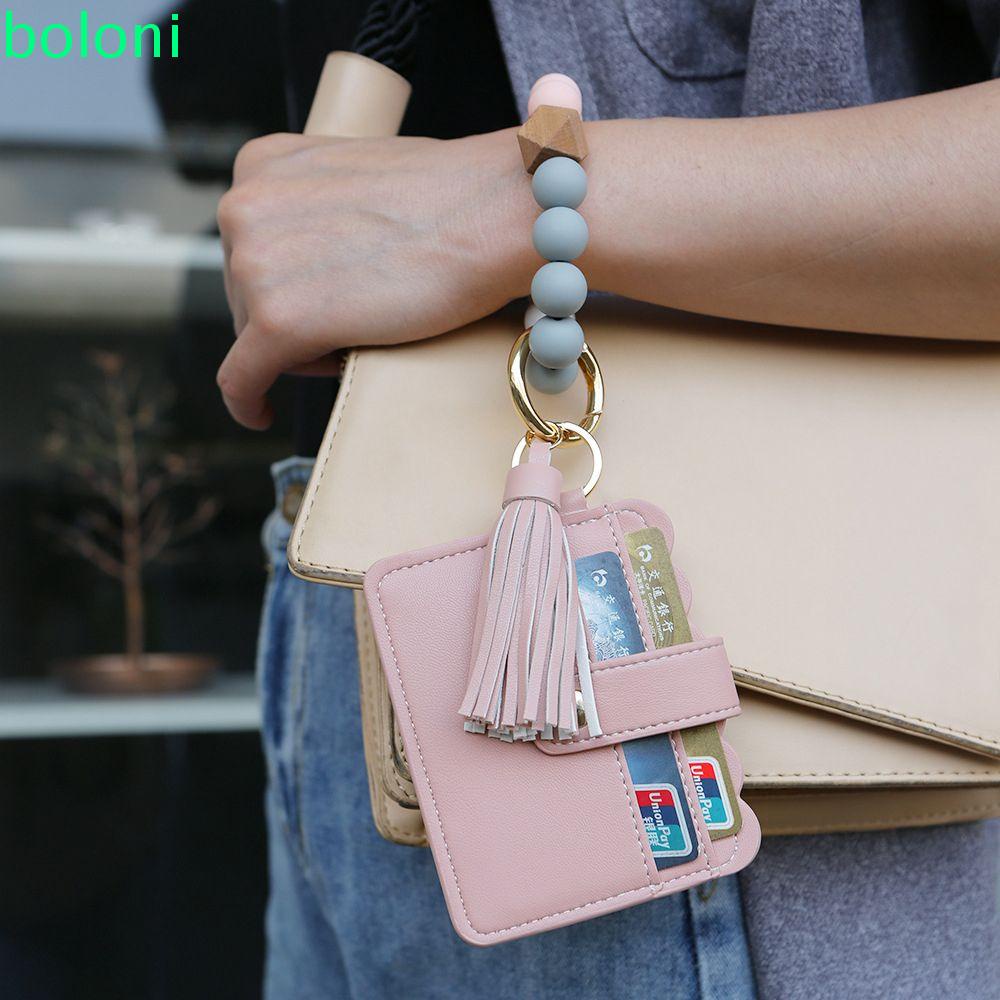 [COD] Women Card Holder Portable Wrist Keychain Wrist wallet Tassel Bangle Credit ID Card Bus Card Bank Card PU Leather Girls Key Ring/Multicolor