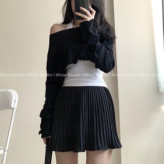 Croptop trễ vai - Chân váy dập ly
