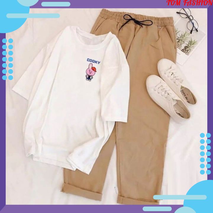 Bộ Đồ Nữ Mặc Đi Chơi Phối Sét Dự Tiệc, Mặc Ở Nhà Mùa Hè, Áo Thun Nam Nữ Logo Thỏ Mix Quần Kaki Phong Cách Teen Hàn Quốc