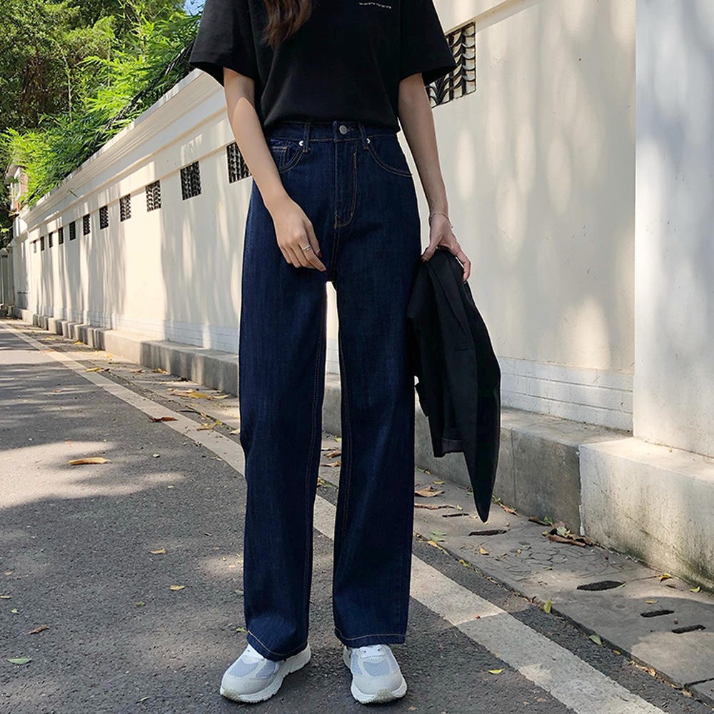 Quần jean 31437 ống suông rộng màu xanh dương phong cách retro thời trang Hàn Quốc dành cho nữ  | BigBuy360 - bigbuy360.vn