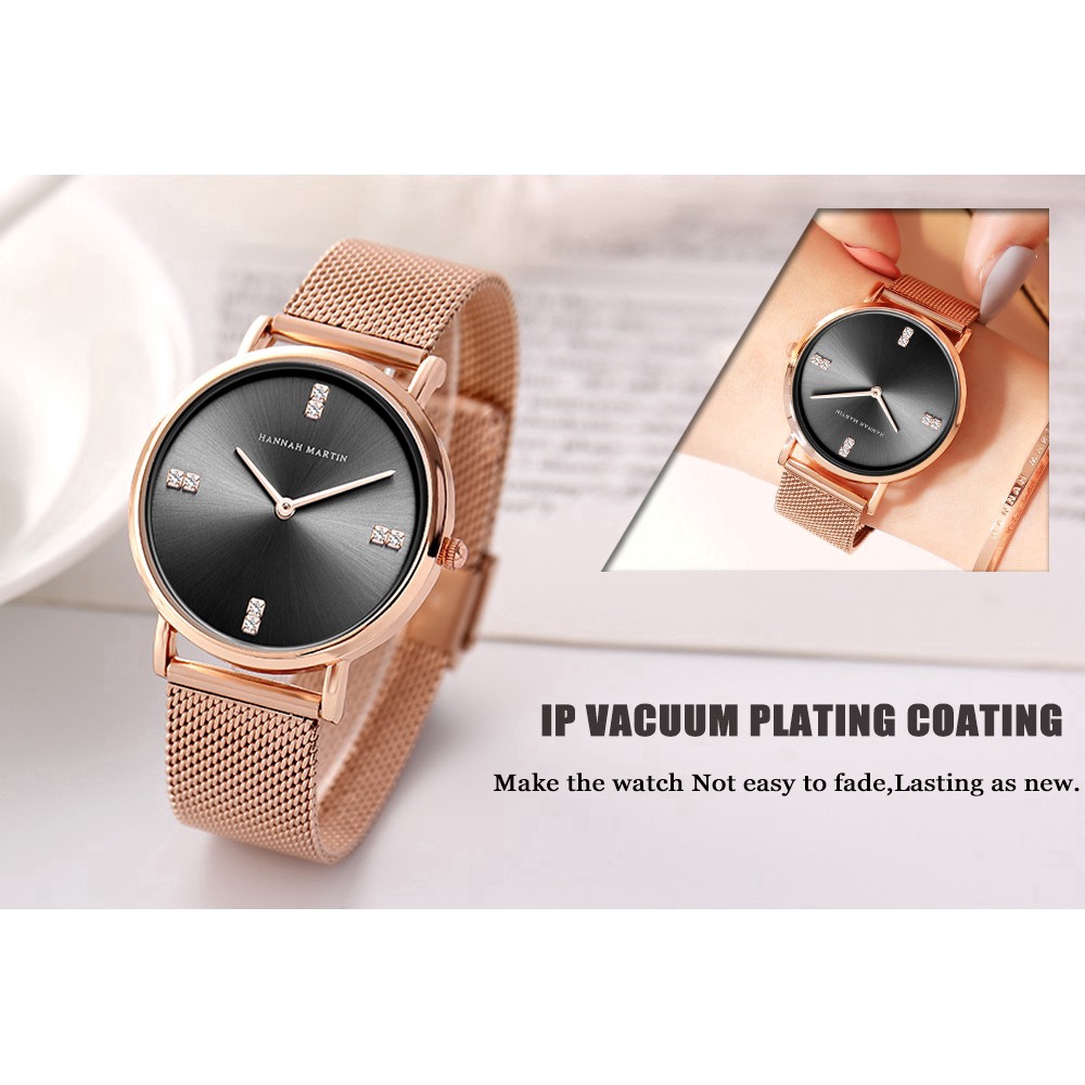 Đồng hồ nữ Hannah Martin 100% Original Women's Watches Fashion Waterproof Quartz Stainless steel Strap mesh Girl Leather Watch COD Chronograph Aktif ladies Wrist watches Ready Stock Holiday Gift Birthday gifts 4ZWN